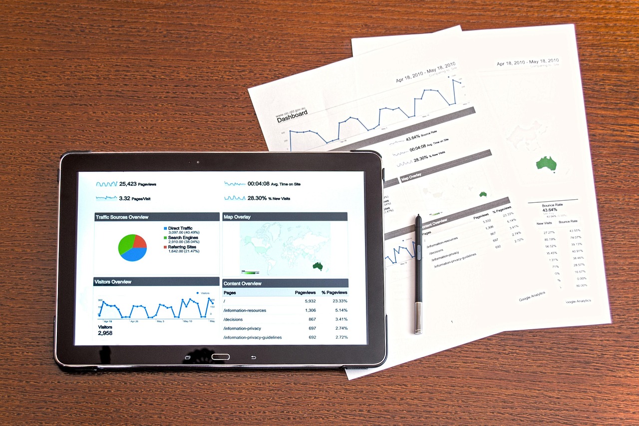 Tablet und ausgedruckte Diagramme zur Datenanalyse